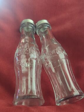 Coca Cola Clear Glass Salt & Pepper Shakers with Silver Tops